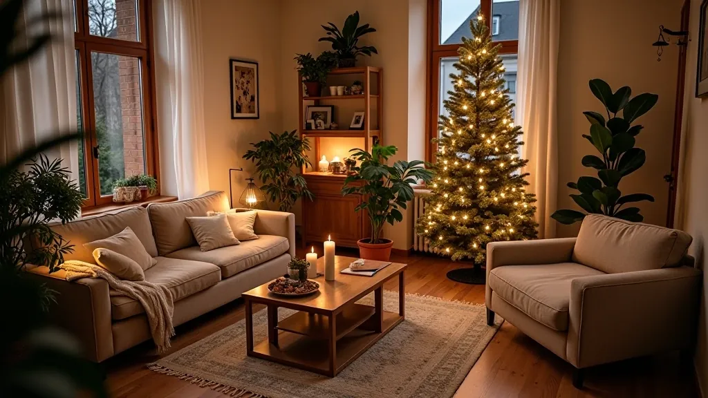 Beautifully decorated Lithuanian home with traditional seasonal décor for Kūčios and Joninės celebrations, warm lighting and festive atmosphere