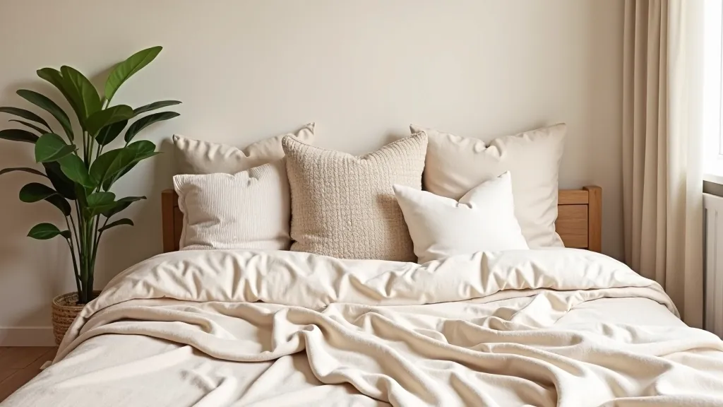 Bed styled with layered cushions of different sizes, patterns and textures arranged at the headboard in neutral and warm tones