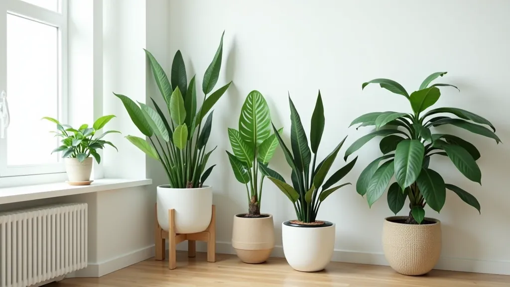 Styled indoor plant corner with various potted plants and natural light