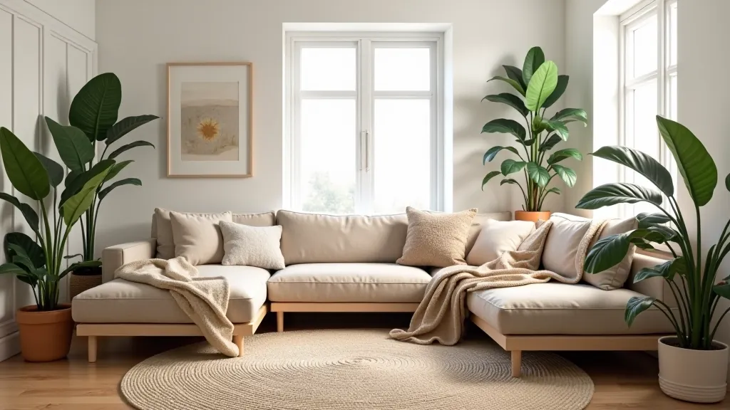Cozy rental apartment living room with flexible furniture arrangement, area rug, modular seating, and plants creating a personalized and intentional space