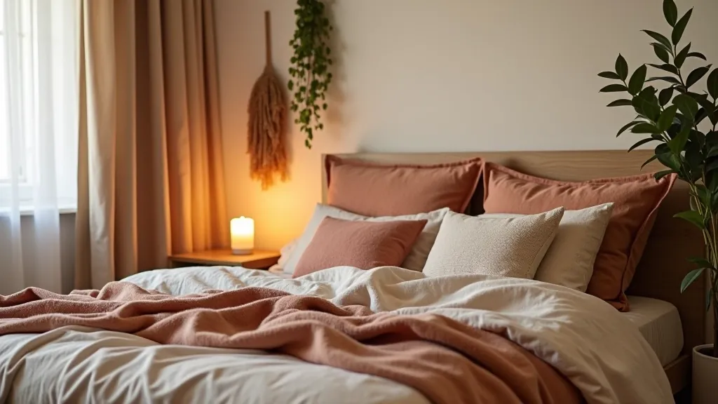 Cozy bedroom with layered textiles, throws draped over bed, decorative pillows in warm tones, soft lighting from bedside lamp