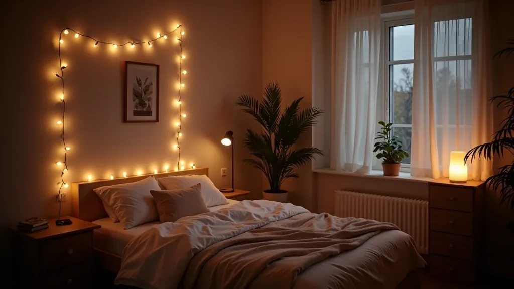 Rental apartment bedroom with layered lighting setup including string lights, floor lamp, and warm-toned table lamps creating cozy ambiance