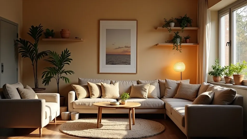 Cozy home interior with layered textiles, cushions, and indoor plants creating warm atmosphere