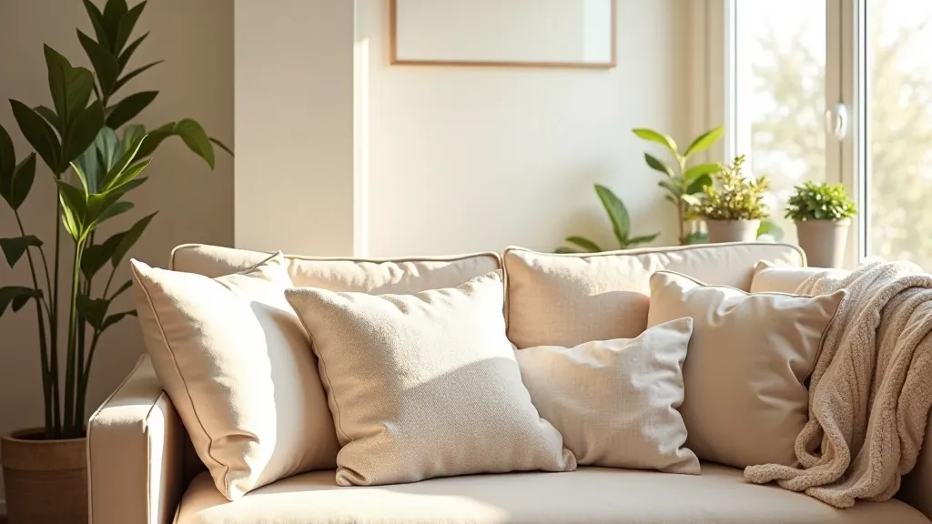 Cozy living room with layered textiles, cushions, and warm lighting creating comfortable home ambiance