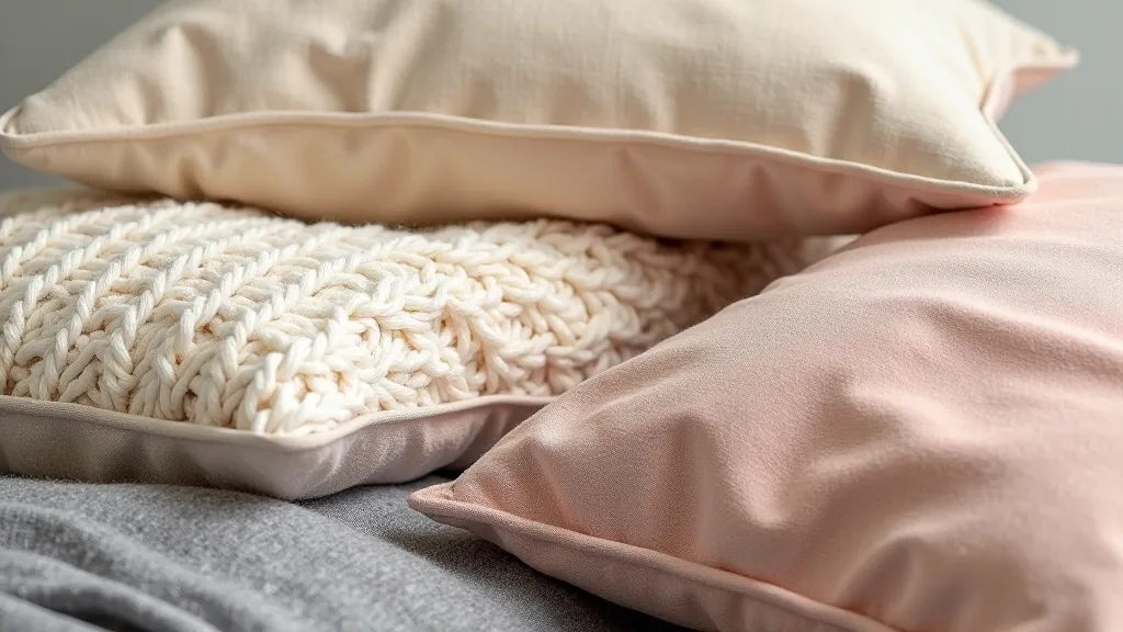 Detail shot showing three different fabric textures layered together - smooth linen, chunky knit, and soft velvet in coordinating colors
