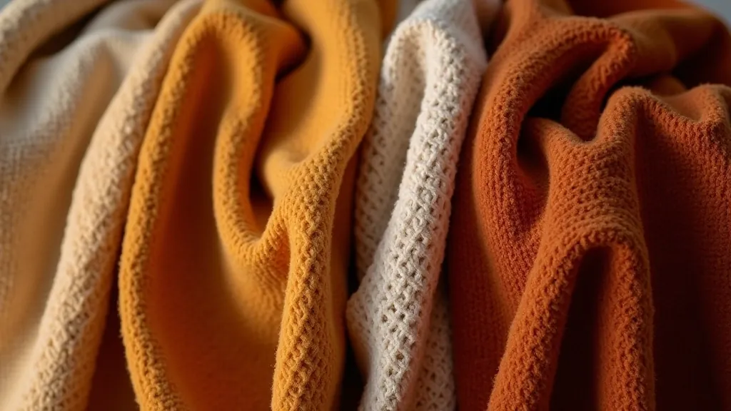 Close-up of different throw blanket textures including knit, linen, and velvet fabrics in warm autumn colors