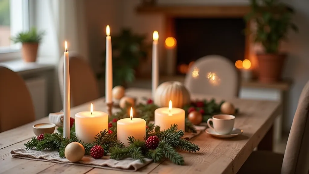 Festive Lithuanian holiday décor setup with candles, greenery and traditional seasonal decorations