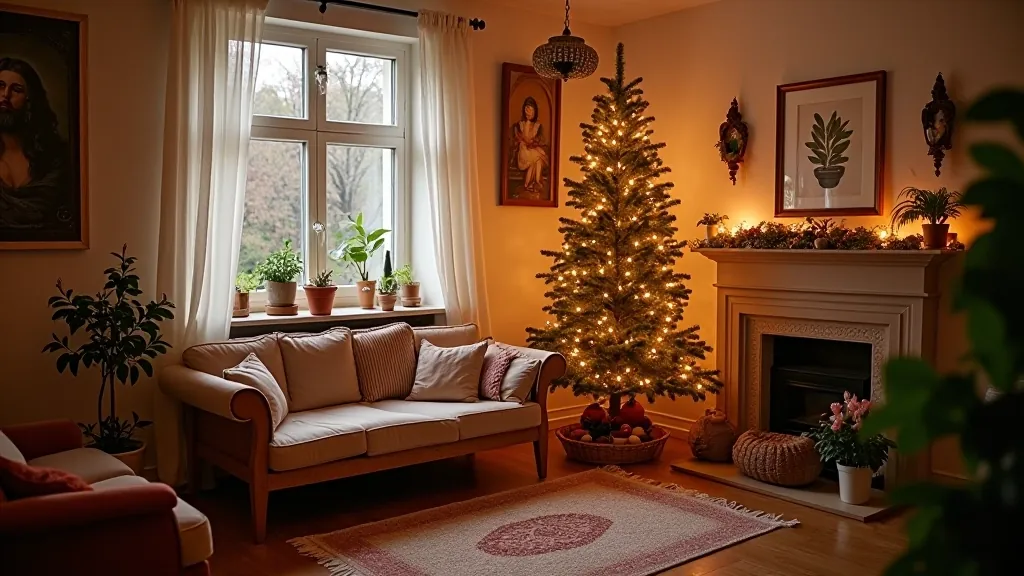 Festive Lithuanian home decorated for Kūčios celebration with traditional seasonal elements and warm lighting