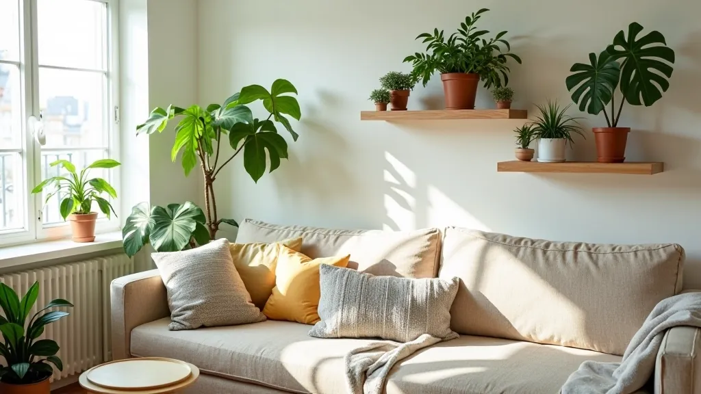 Indoor plant collection arranged on floating shelves and tables in a small rental apartment, creating a botanical atmosphere