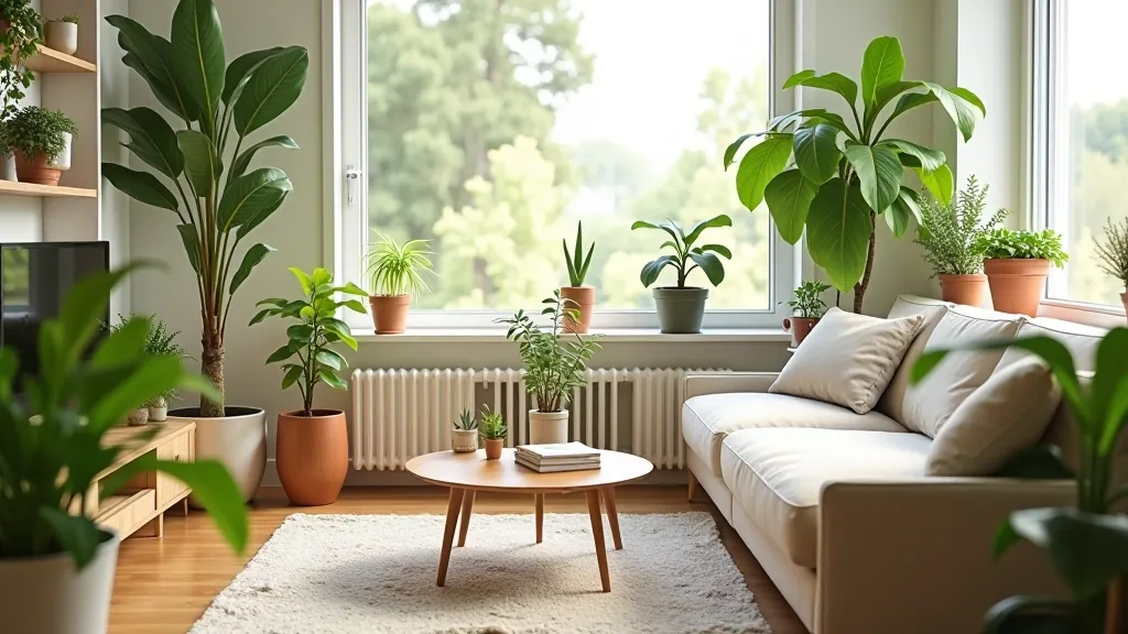 Indoor plants arranged creatively in a small apartment with natural lighting