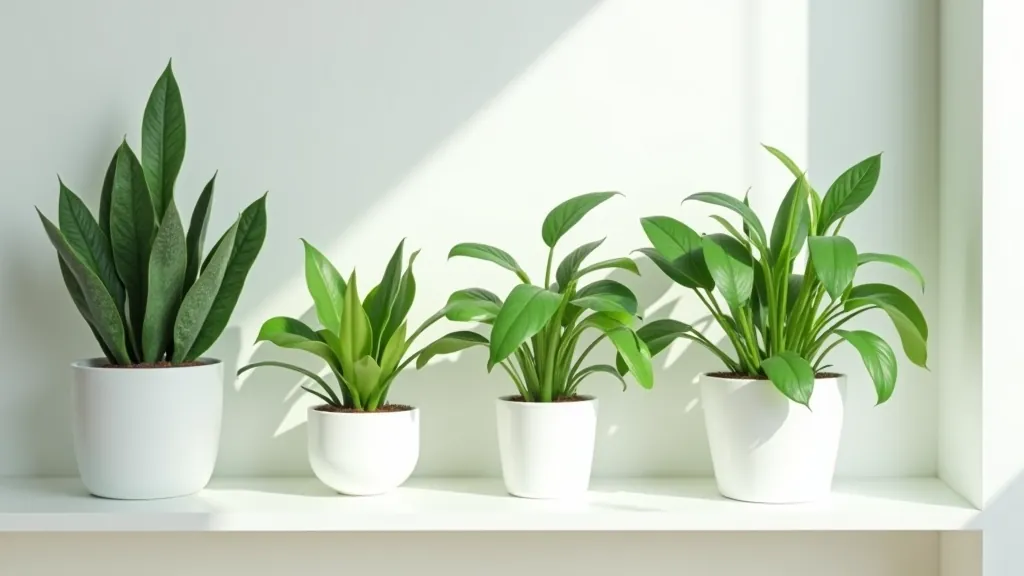 Collection of healthy indoor plants including snake plant, pothos, and monstera in various ceramic pots on white shelving unit