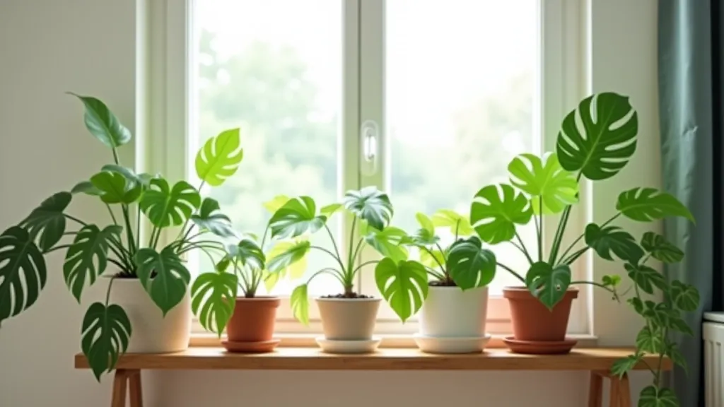 Close-up of potted monstera and pothos plants on wooden shelf with soft natural window light
