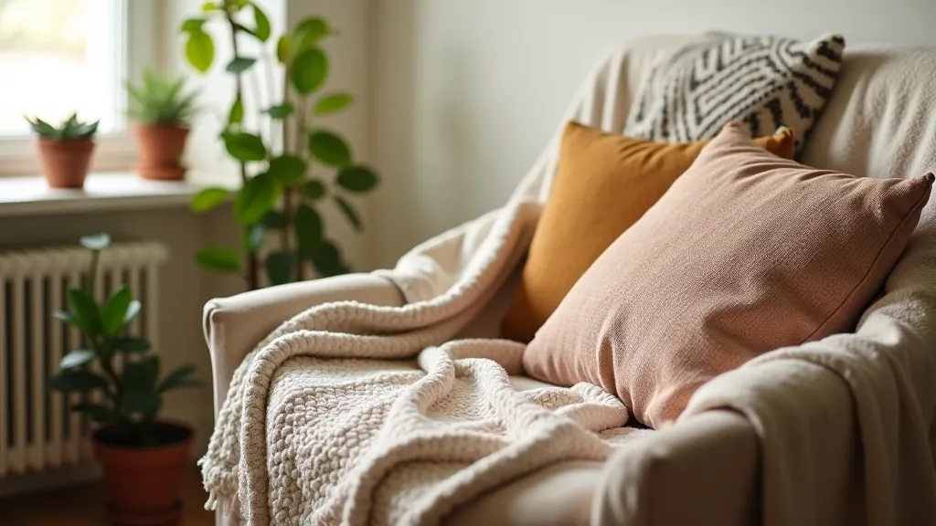 Interior design detail showing carefully arranged cushions, textured fabrics, and potted plants in coordinated styling