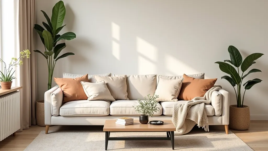 Layered textiles and cushions creating depth and warmth in a modern living room