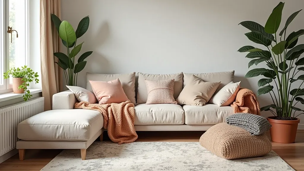 Layered textiles including throw blankets, cushions, and layered rugs creating depth and warmth in a cozy living room