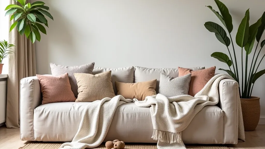 Layered throws, blankets and cushions creating depth and texture on living room sofa