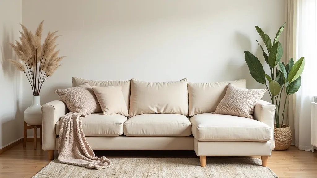 Living room with neutral beige sofa as the base, ready for textile layering with throws and cushions