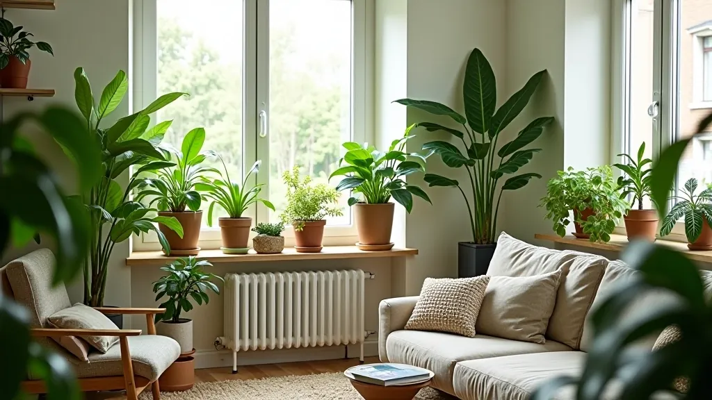 Lush green plants arranged on shelves and windowsills in a small modern apartment living room with natural light