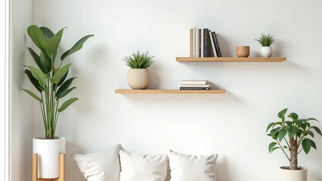 Apartment wall with multiple floating shelves mounted using adhesive strips, displaying books, potted plants, and decorative items arranged in a stylish composition