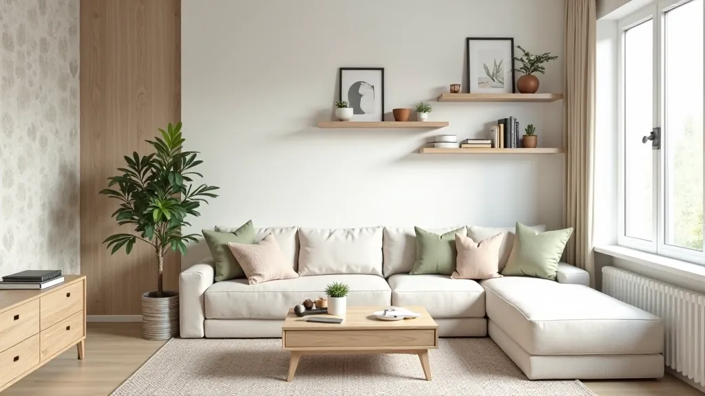 Modern rental apartment with removable wallpaper, floating shelves, and flexible furniture arrangement creating a personalized living space