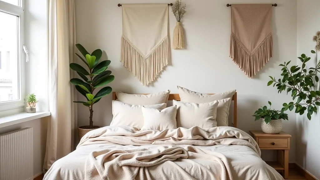 Rental apartment bedroom showing removable wallpaper, fabric wall hangings and temporary textile solutions