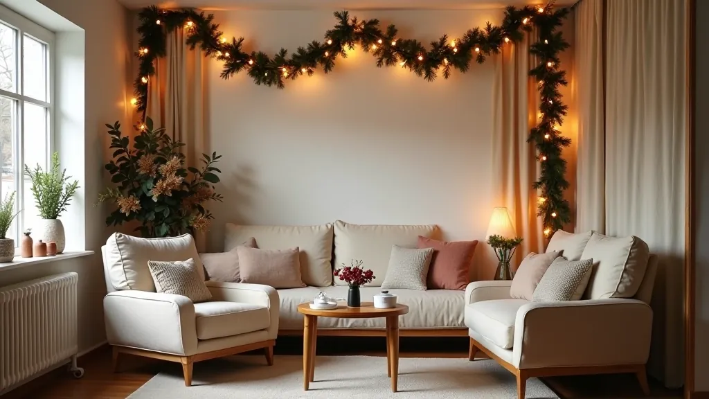 Modern rental apartment decorated with temporary festive garlands and removable fabric draping for Lithuanian holiday celebration