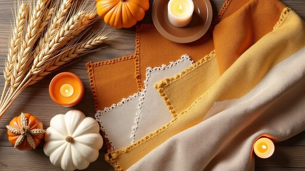 Palette of warm seasonal colors displayed with natural materials including wheat, candles, and traditional woven elements for holiday décor