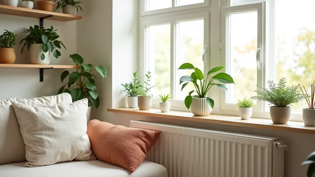 Small apartment interior with indoor plants arranged on shelves and windowsills