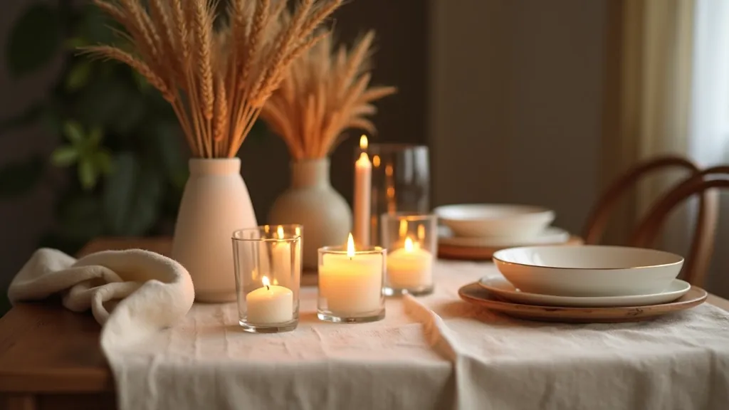 Festive seasonal table setup for Kūčios with candles and botanical elements