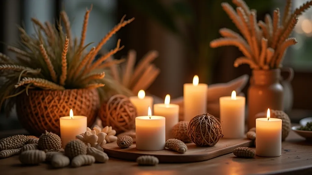 Close-up of traditional Lithuanian seasonal decorations including woven elements and natural materials arranged on wooden surface