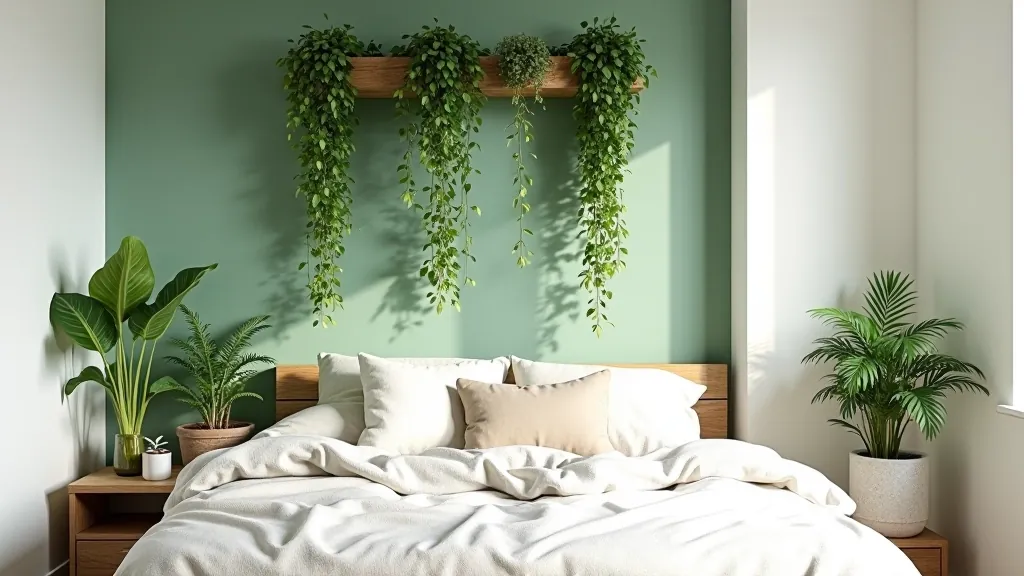 Vertical plant wall arrangement with climbing pothos and hanging plants creating green accent feature in small bedroom corner
