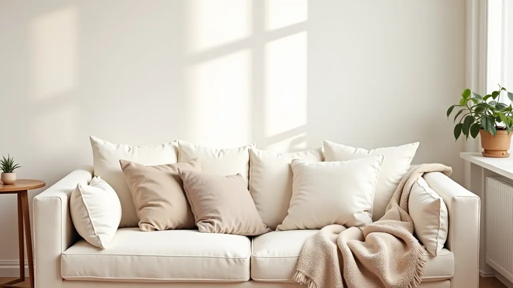 Cozy living room with layered textiles and cushions on a beige sofa